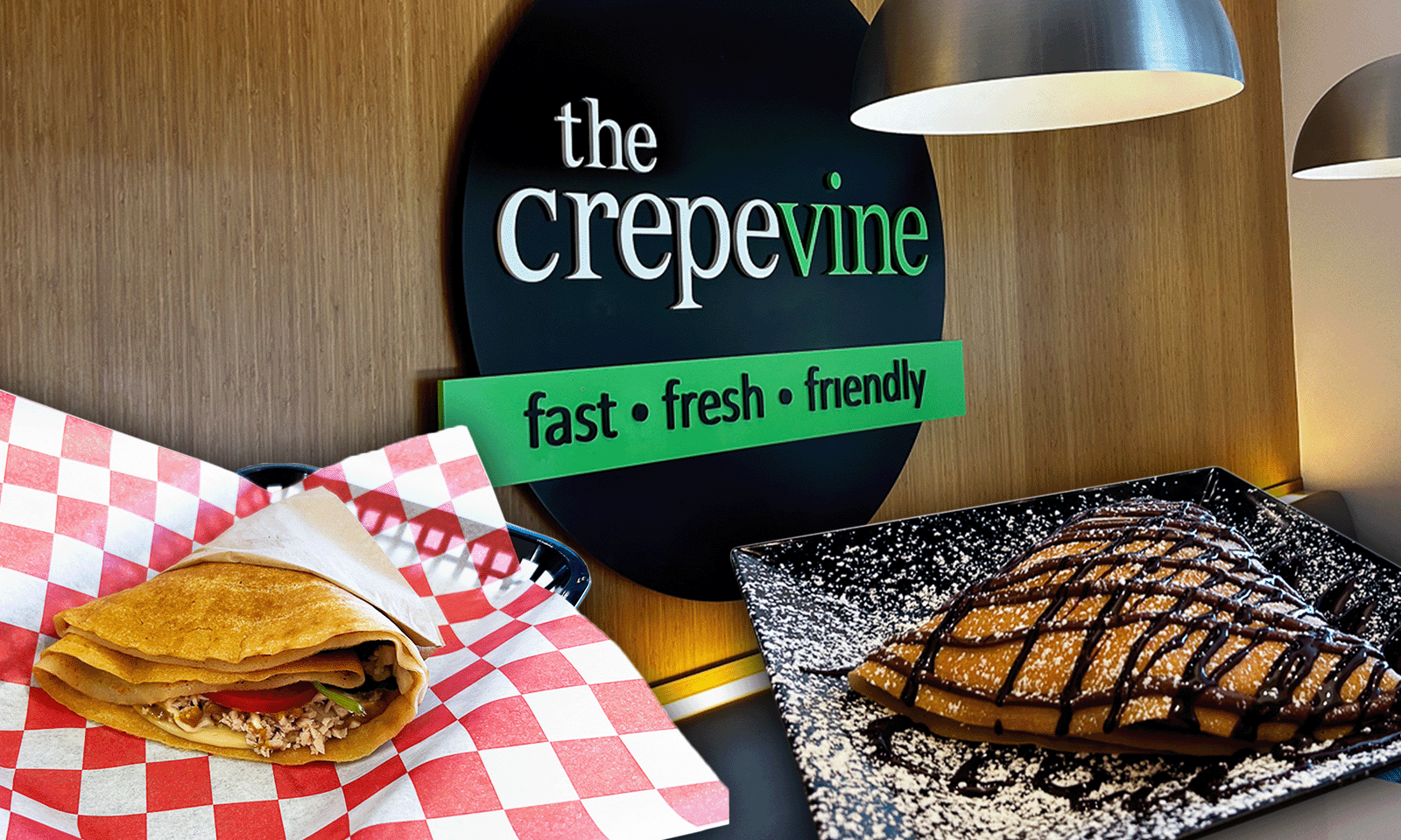 crepevine circle sign with two crepes in foreground